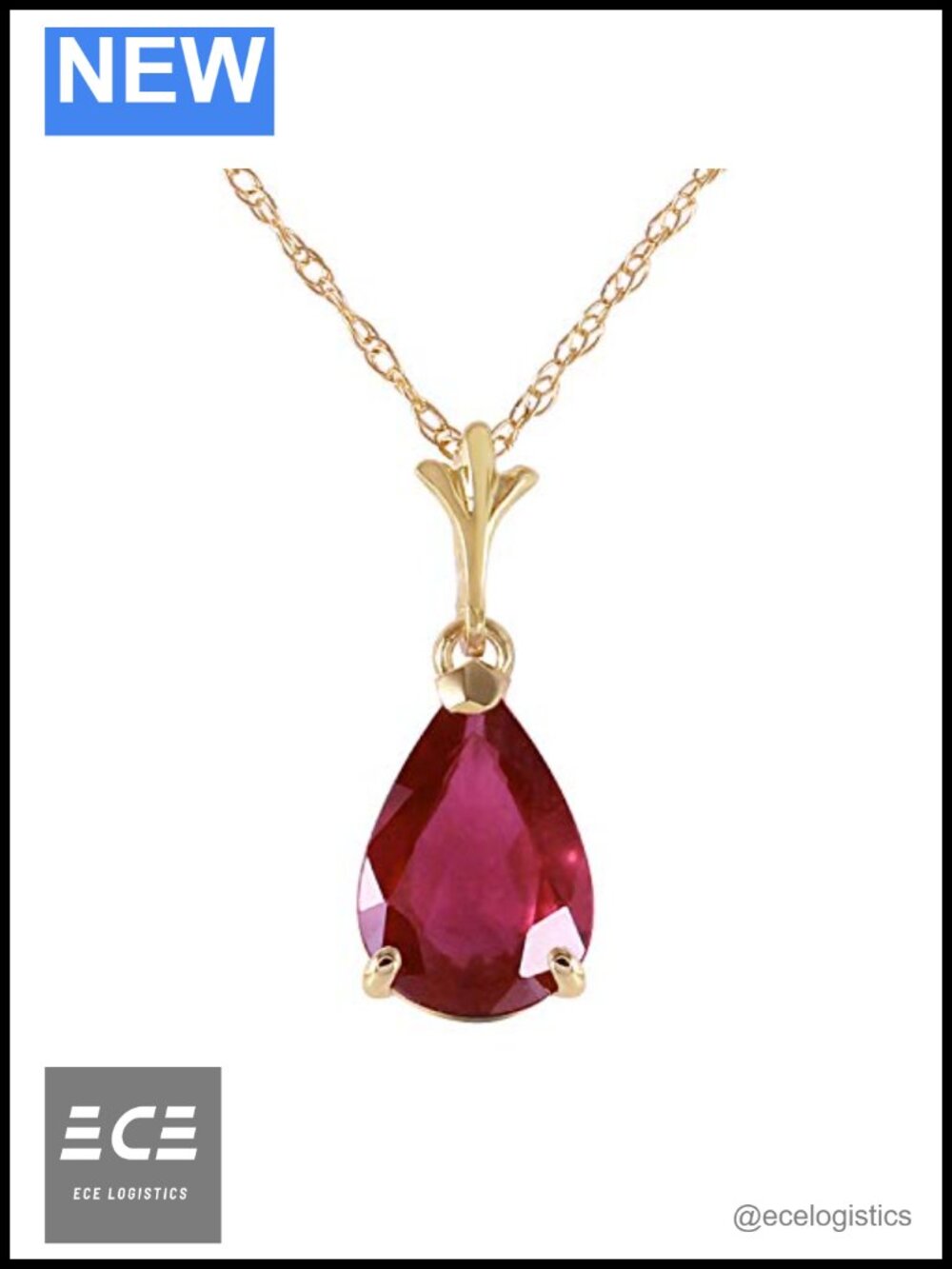 14K Solid Yellow Gold 1.75 Carat Lab-Created Ruby Pear Drop Pendant Necklace